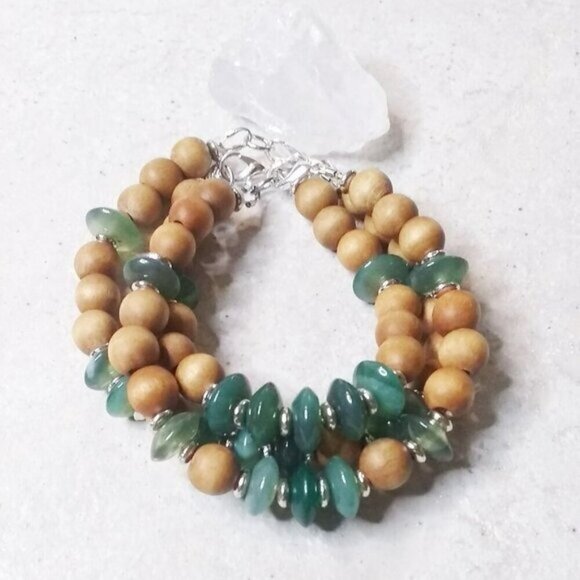 ๐๐๐ 3/$25! Green Agate & Sandalwood Beaded Bracelet 6" Wrists - Boho - Picture 8 of 9